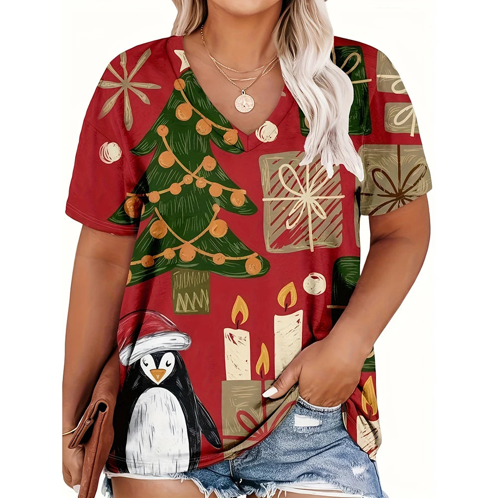 Christmas womens cartoon Santa Claus printed tops Christmas T-shirt short sleeved V-neck casual party outfit oversized women top