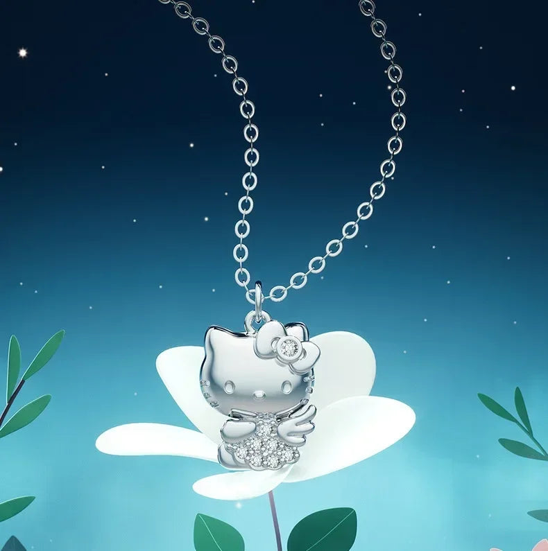 Sanrio Hello Kitty Necklace Anime Character Pink Peach Heart Crystal Cat Push-Pull Bracelet Pendant Couple Decoration Girl Gift