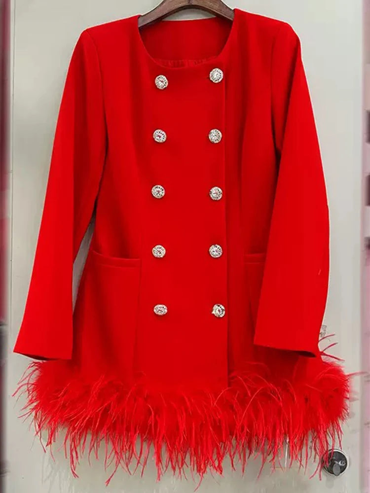 Retro round neck double-breasted square drill hem stitching ostrich hair suit dress autumn new female high-grade short dress ski