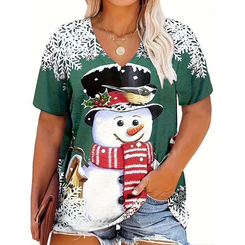 Christmas womens cartoon Santa Claus printed tops Christmas T-shirt short sleeved V-neck casual party outfit oversized women top
