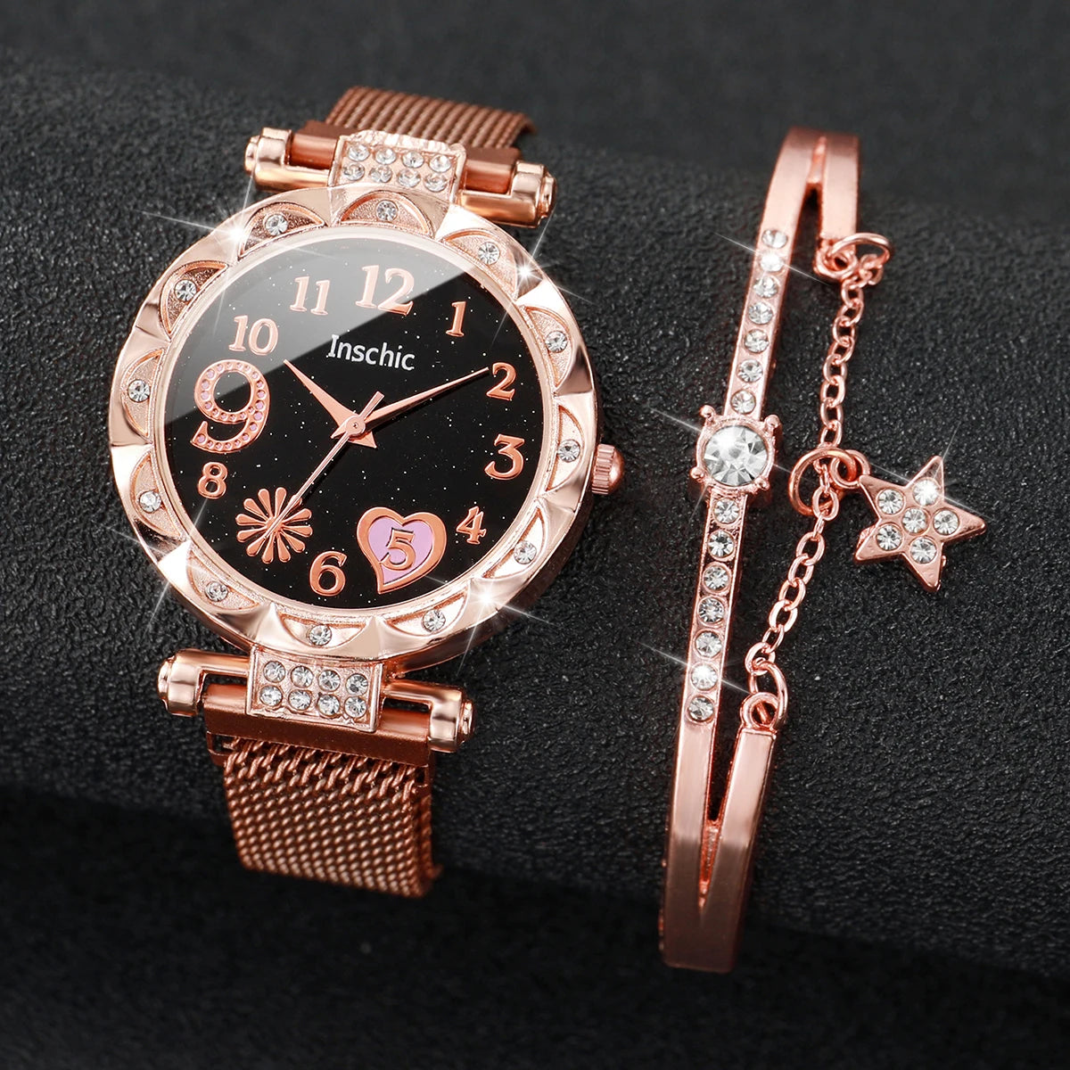 2PCS/Set Fashion Flower Dial Women's Watch Magnet Buckle Mesh Band Quartz Watches Star Bracelet Set(Without Box)