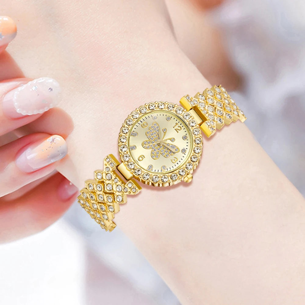 4PCS Golden Butterfly Element Trendy Fashion Luxury Women's Quartz Watch Bracelet Set Suitable for Daily Clothing Matching