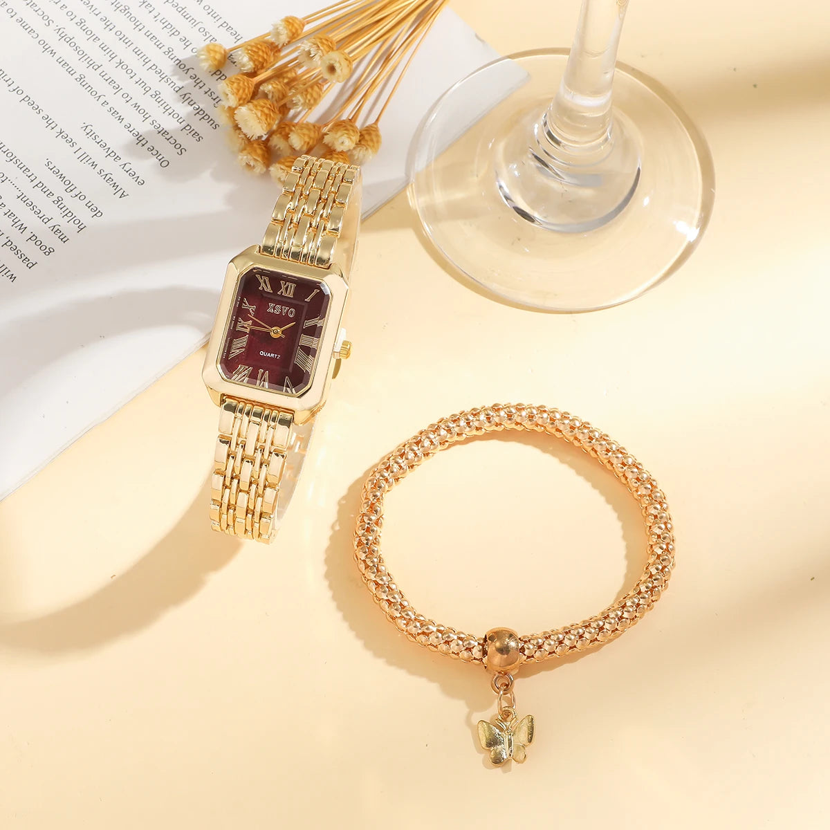 Business lady watch with bracelet set; no gift box; red square quartz dial; suitable for festivals and birthdays