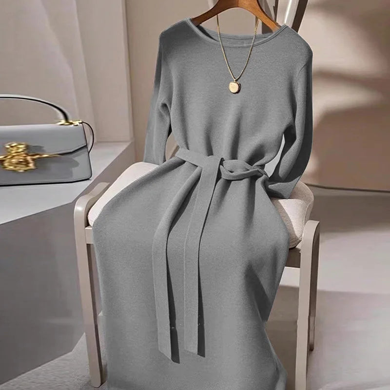 Casual Long Sleeve Maxi Dress Women 2025 Autumn Fashion O-neck Slim Lace-up A-line Dresses With Sashes Elegant