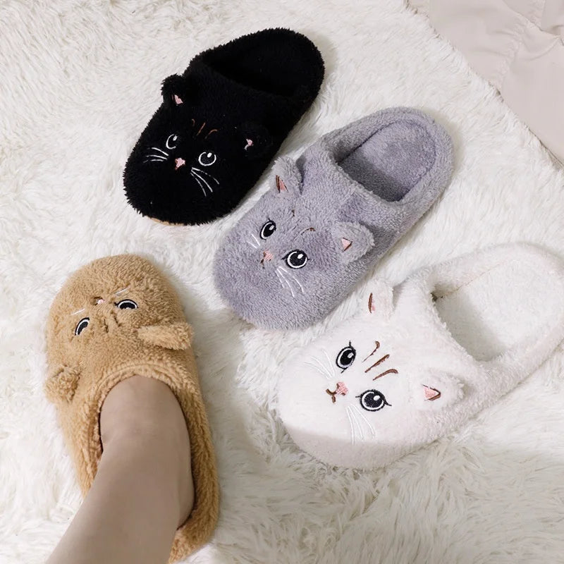 Winter Cute Cat Plush Slippers Women Indoor Comfortable Quiet Soft Sole Floor Slides Couples Winter Warm Fuzzy House Sandals