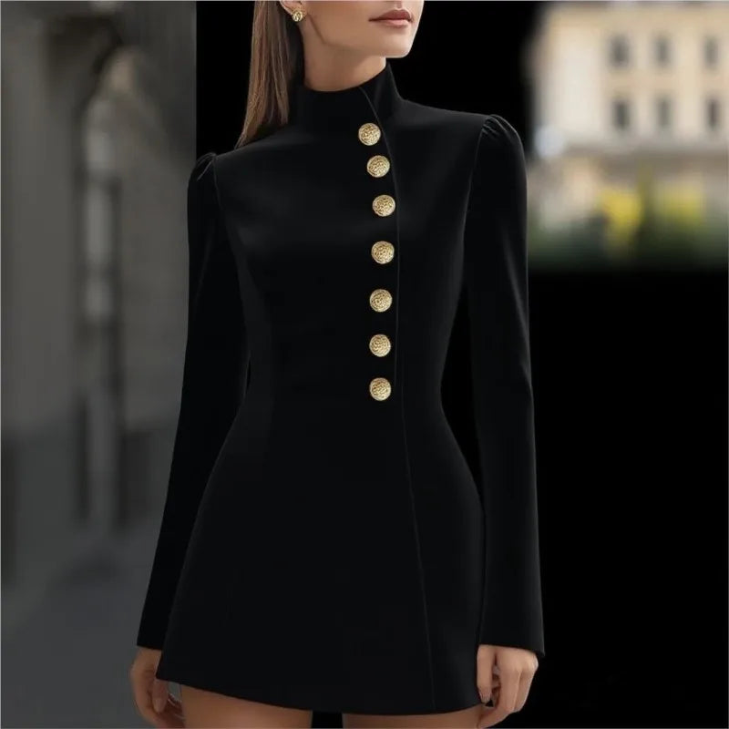 Temperament stand collar single breasted waist cinched long sleeved dress Spring Autumn womens fashionable commuting short skirt