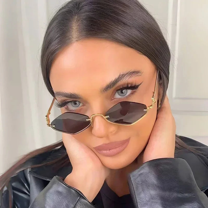 Metal Women Simple Trend Sunglasses Men 2025 New Half Frame Diamond Shaped Sunglasses Dopamine Small Frame Outdoor Sunglasses