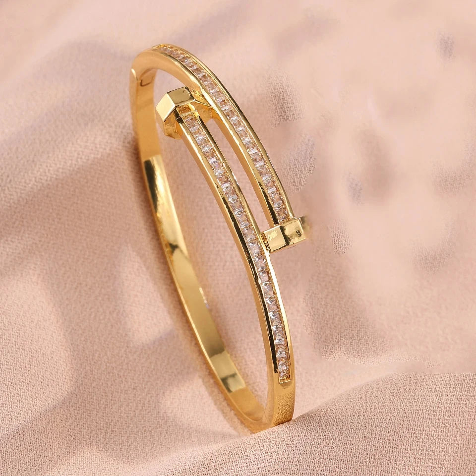 Luxury 18K Gold Plated Stainless Steel Nail Bracelet for Women with Cubic Zirconia Bangle Fashion Daily Wear Jewelry