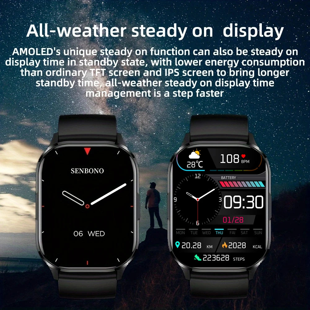 SENBONO AIR3 2024 New AMOLED Men Smart Watch Bluetooth Call 24H Health Tracker NFC Sport Smartwatch Men Women for IOS Android