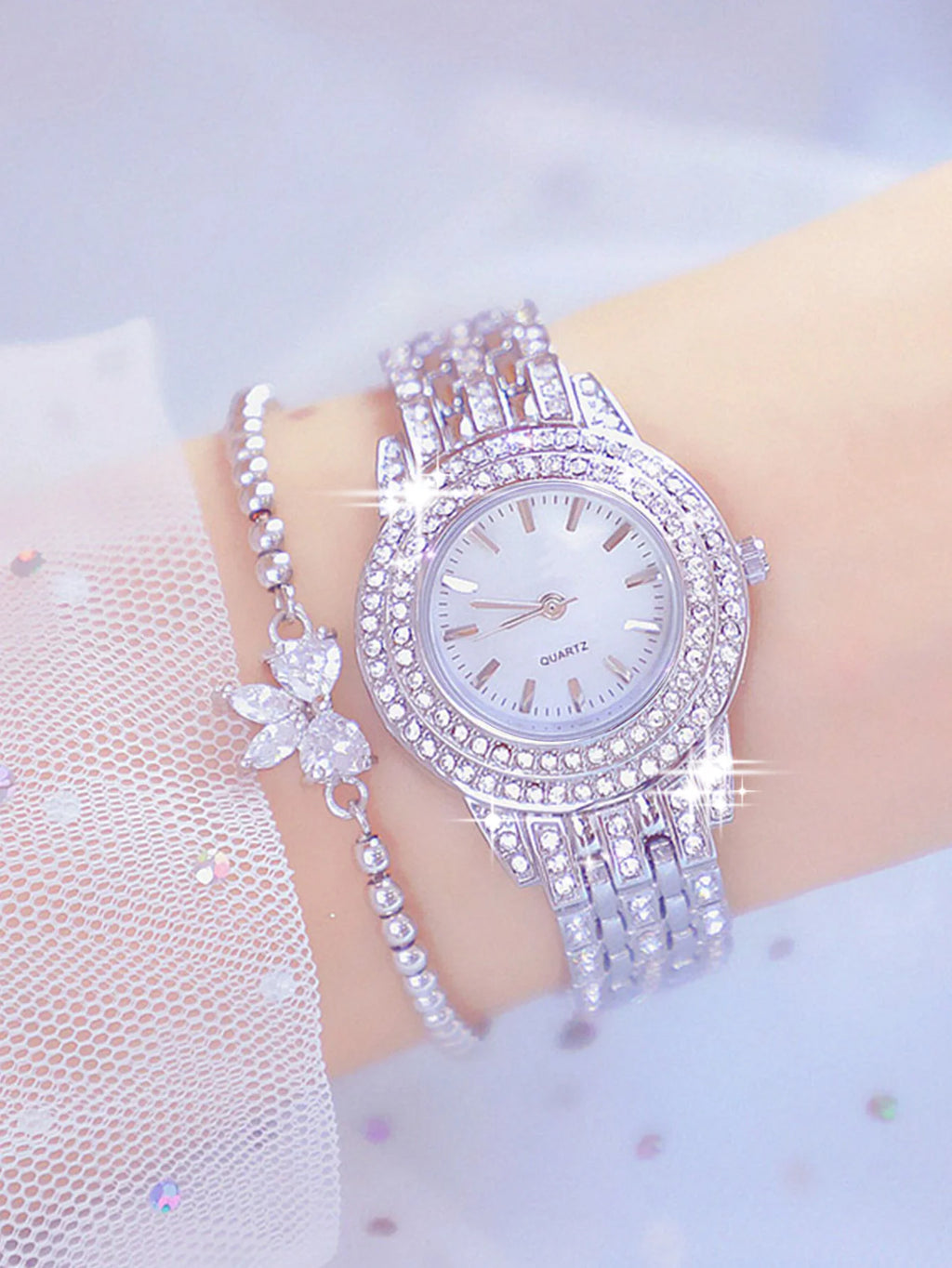 2pcs Fashionable Diamond Studded Real Nail Scale Alloy Set Quartz Bracelet Watch FOR WOMEN'S Watches