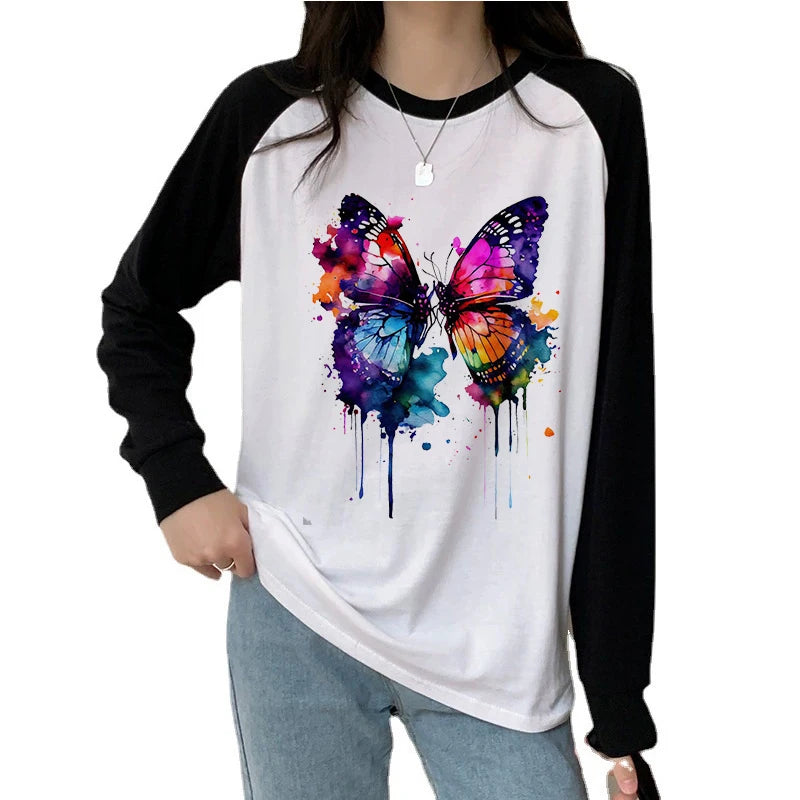 Butterfly Tree Print Long Sleeve T-Shirt All Seasons Funny Gothic T Shirt Women's Casual Print Crew Neck Top Tee Tshirt Clothing