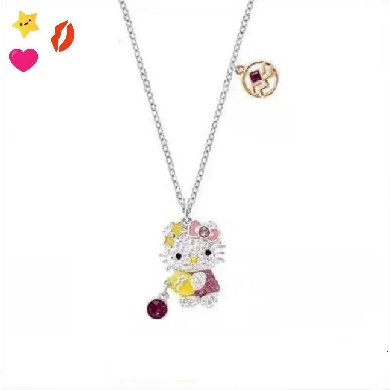 Sanrio Hello Kitty Necklace Anime Character Pink Peach Heart Crystal Cat Push-Pull Bracelet Pendant Couple Decoration Girl Gift