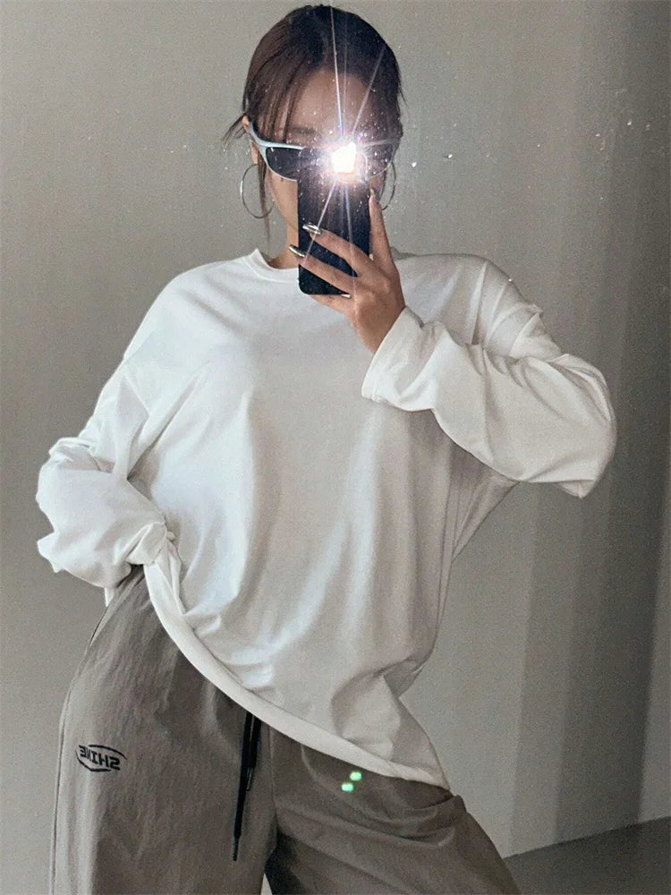 Women Basic Long Sleeve Loose O-neck T-shirt Autumn Winter Solid Color Tee Top Streetwear