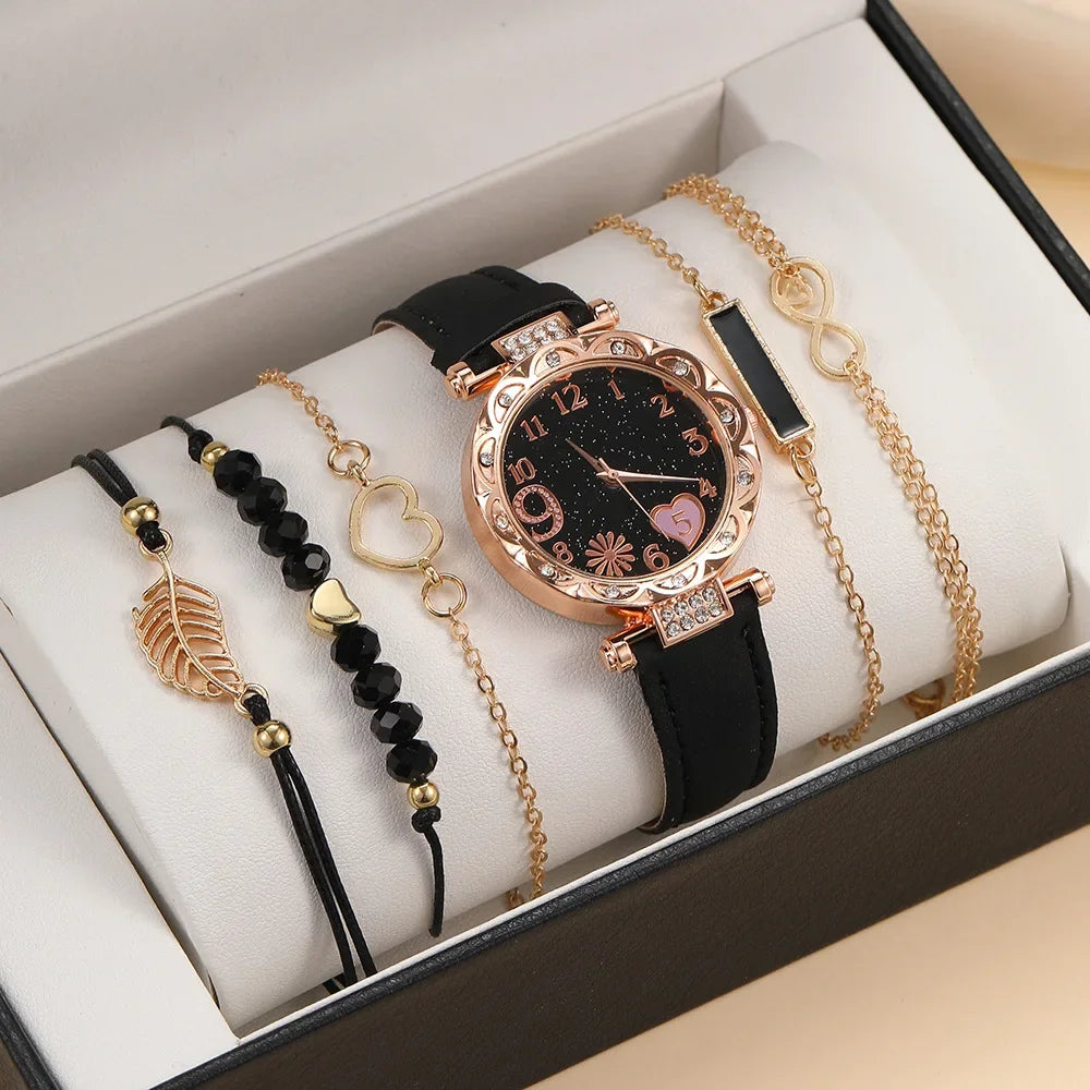 5/6PCS Set Rose Gold Luxury Watch Women Ring Necklace Earring Rhinestone Fashion Wristwatch Casual Ladies Bracelet( No Box)