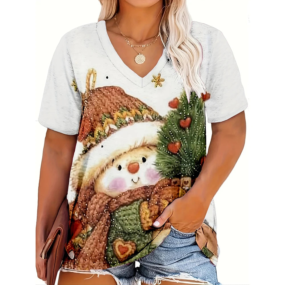 Christmas womens cartoon Santa Claus printed tops Christmas T-shirt short sleeved V-neck casual party outfit oversized women top