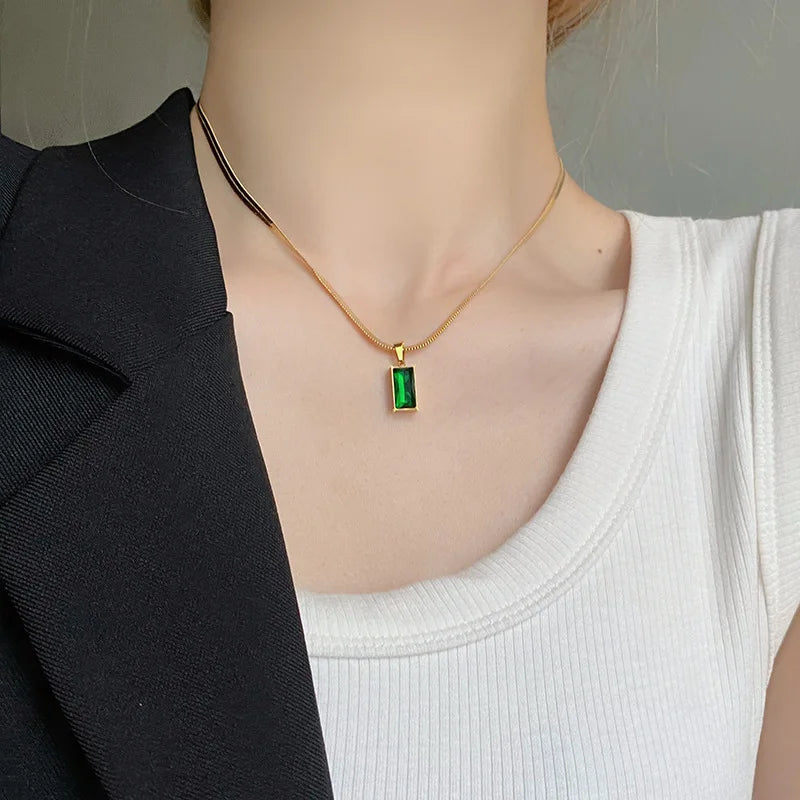 AKOL 316L Stainless Steel Rectangle Green Crystal Zircon Pendant Necklace Earrings For Women Fashion Party Jewelry Set