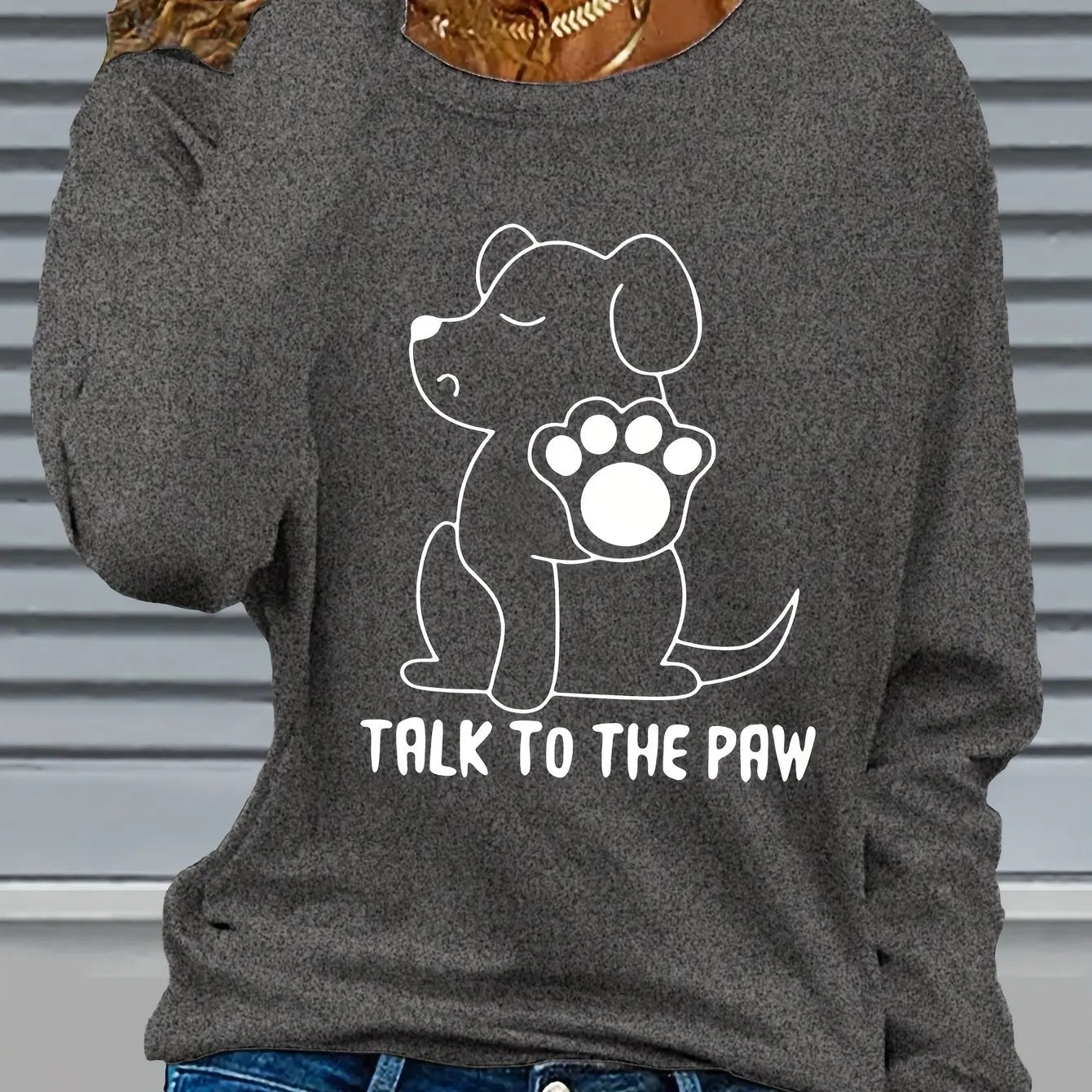 Women's Spring and Autumn 100% Cotton Fashion Casual Loose Fun Dog Pattern Printed Round Neck Long Sleeve T-shirt Top