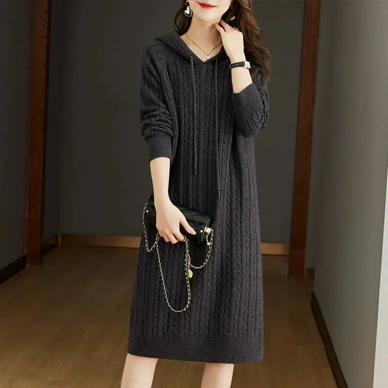 Women Pullover Sweater Dresses Streetwear Casual Loose Hooded Midi Dress for Woman Vintage Versatile Knee Length Knitted Dress