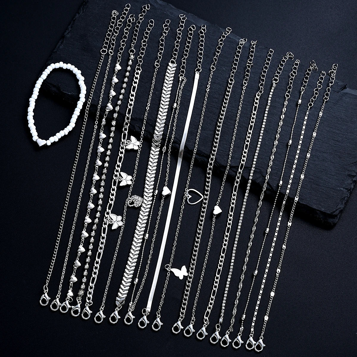 19Pcs/Set New Design Silver Color Anklet Sets for Women Fashion Pearl Butterfly Heart Crystal Foot Chain Versatile Daily Jewelry