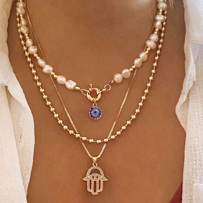 Classic Pendant Necklace for Women Micro Zircon Turkish Lucky Evil Eyes Palm Cross Pearl Multilayer Metal Chain Choker Jewelry