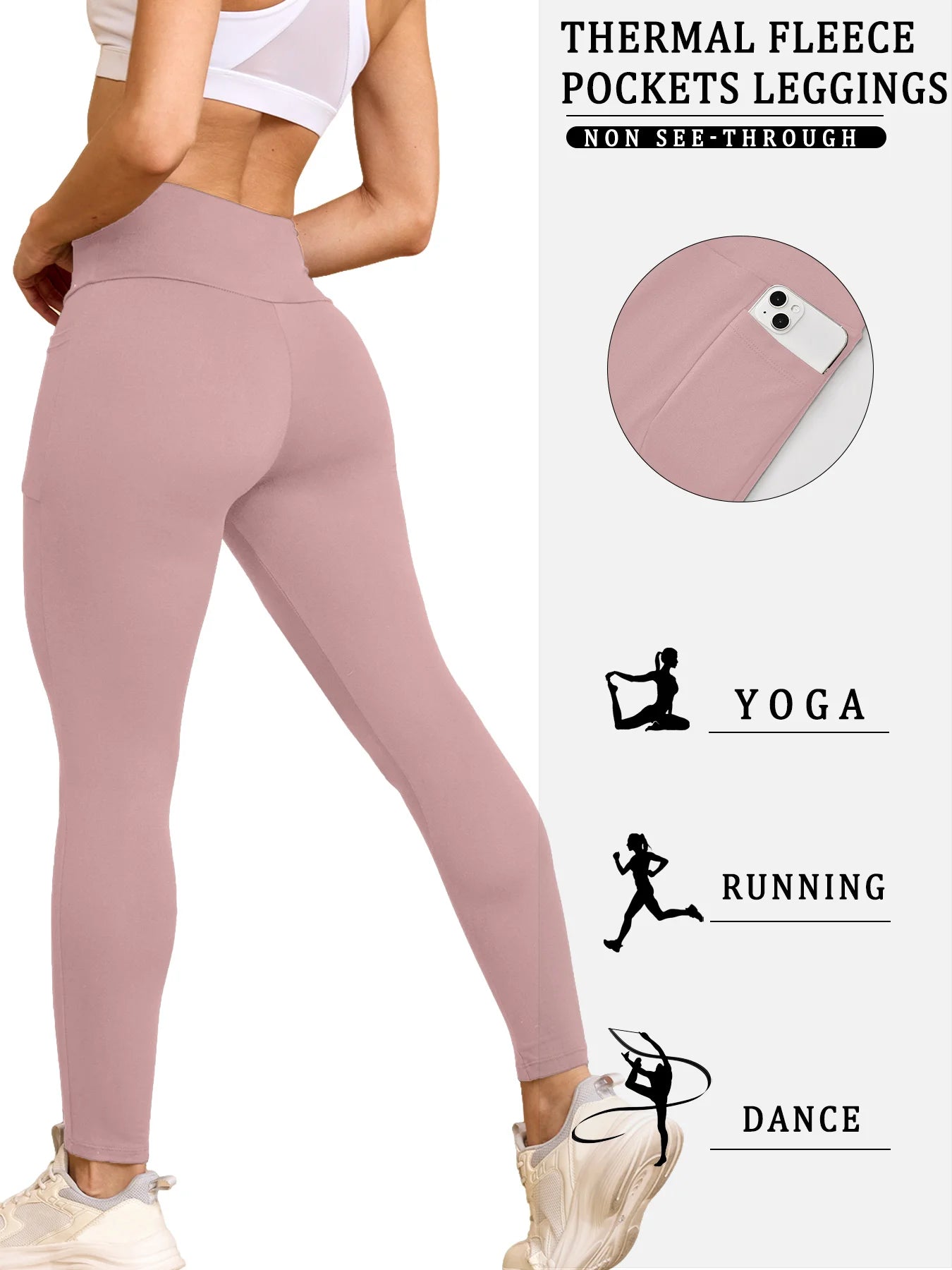 Women's Winter Thermal Leggings with Pockets - High Waisted Fleece Lined Tummy Control Thick Warm Tights for Workout Running