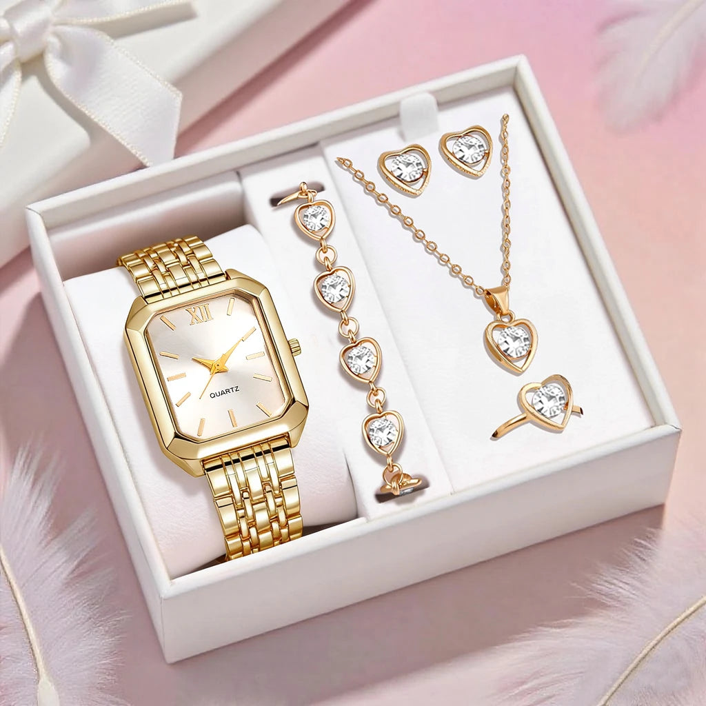 New simple and fashionable women's round dial leather strap quartz watch + exquisite jewelry set Back to school season graduatio