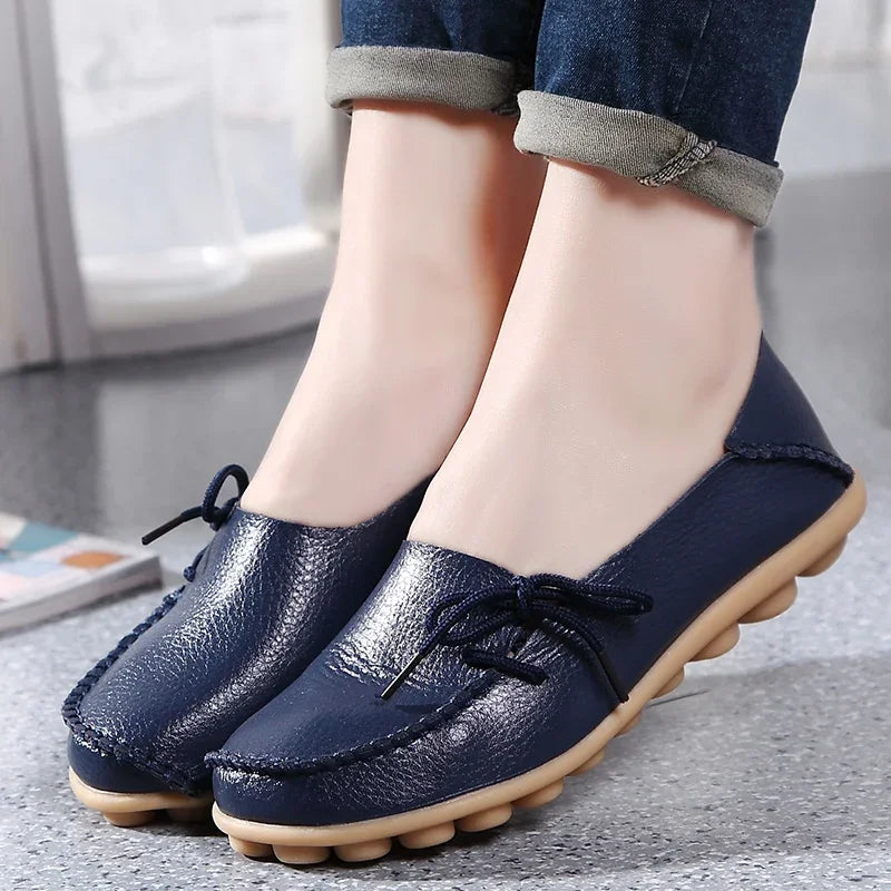 Moccasins Women Flats  Autumn New Woman Loafers Genuine Leather Female Shoes Slip on Ballet Bowtie Women's Shoes Big Size