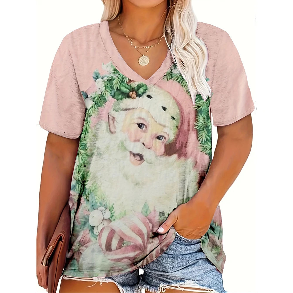 Christmas womens cartoon Santa Claus printed tops Christmas T-shirt short sleeved V-neck casual party outfit oversized women top
