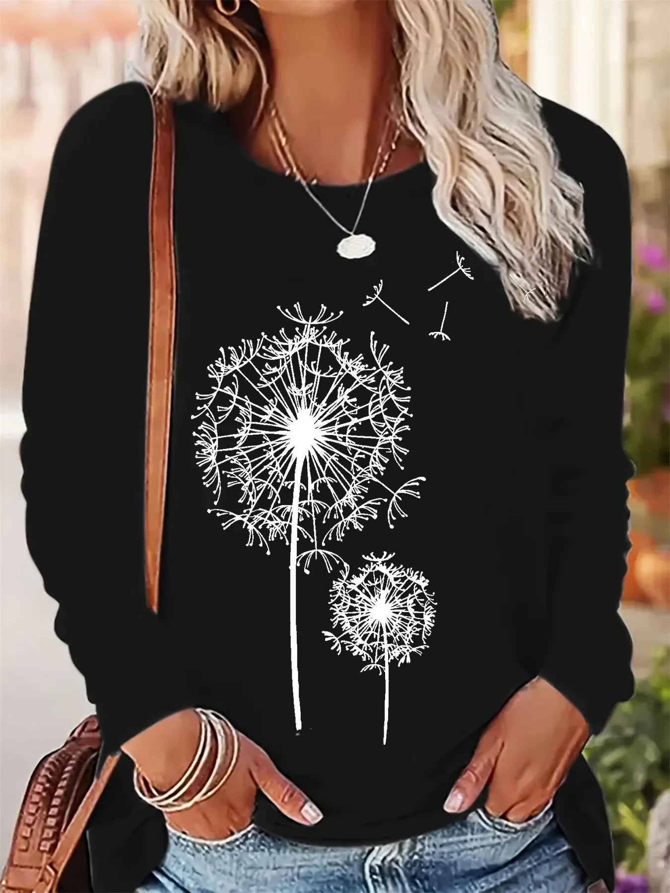 Women's Spring and Autumn 100% pure cotton fashionable casual loose dandelion pattern printed round neck long sleeved T-shirt