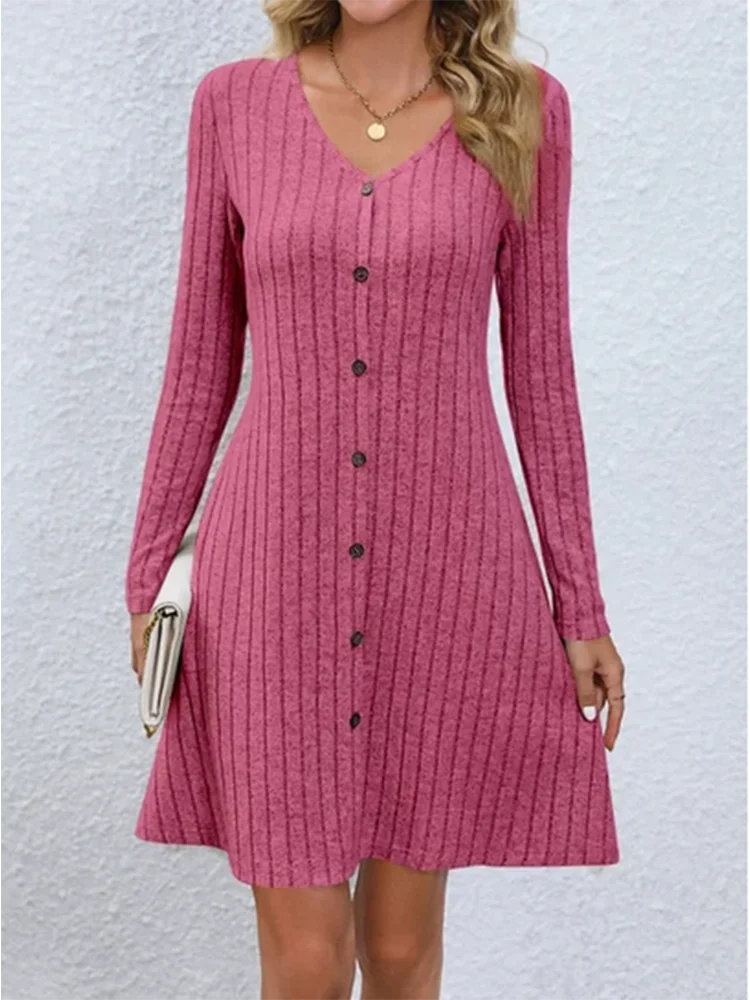 Women's V-Neck Button Dress Monochromatic A-line Casual Comfortable Spring Autumn Trend