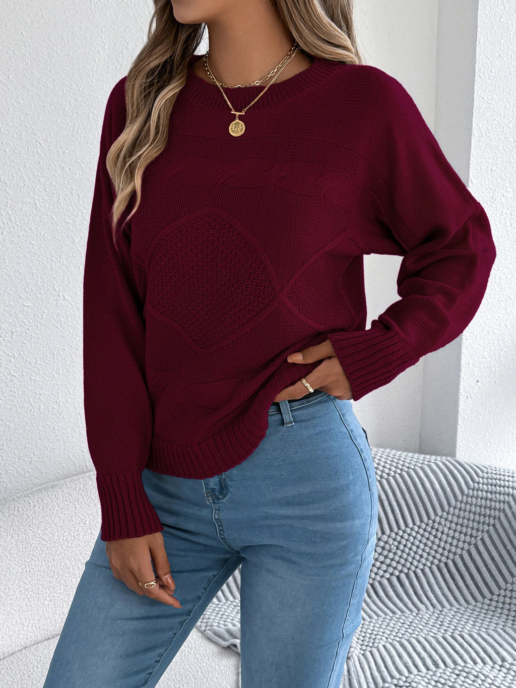 Women Solid Round Neck Pullover Sweater Long Sleeve Fall Winter Vacation Ready Knit Top
