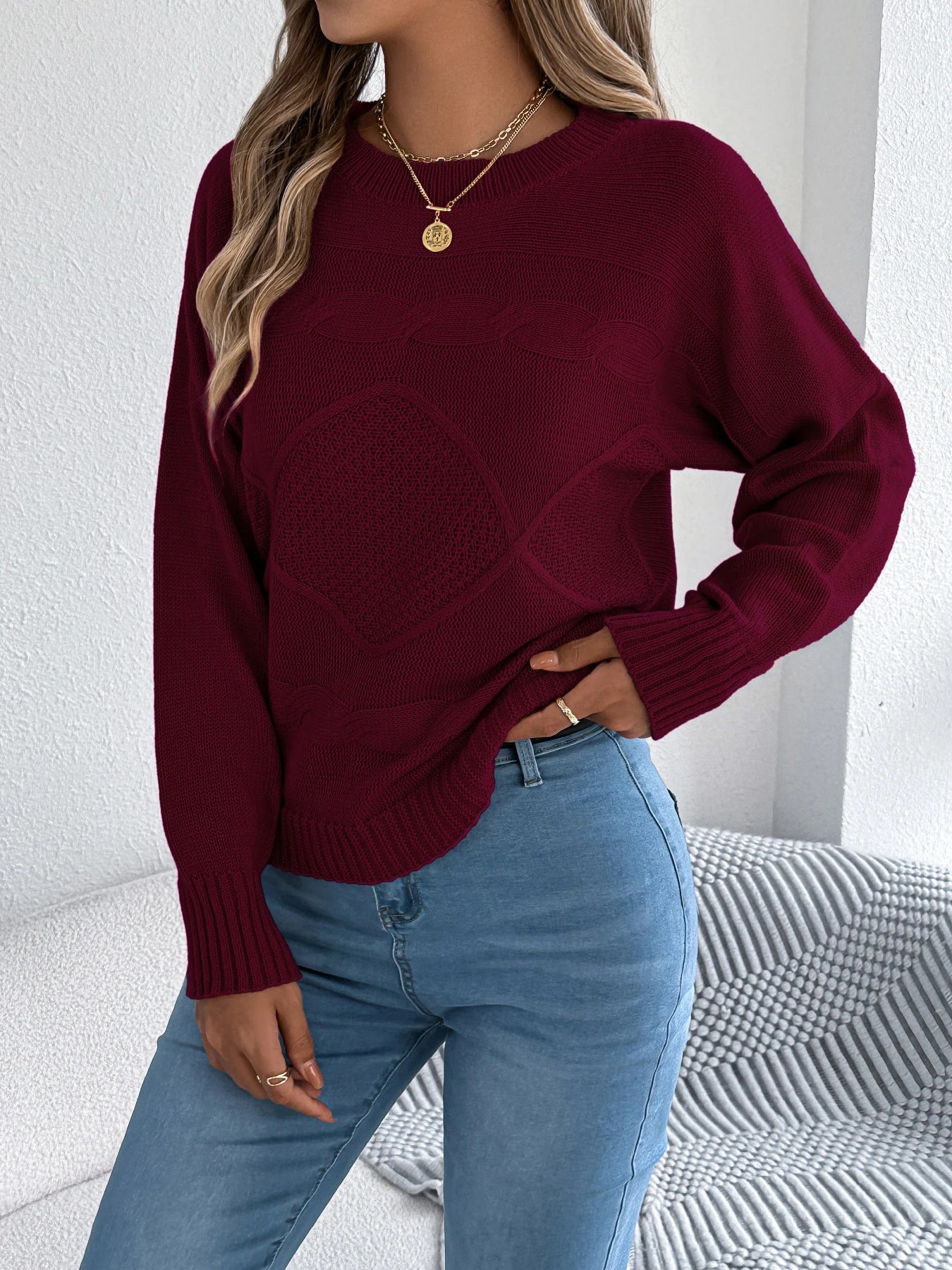 Women Solid Round Neck Pullover Sweater Long Sleeve Fall Winter Vacation Ready Knit Top