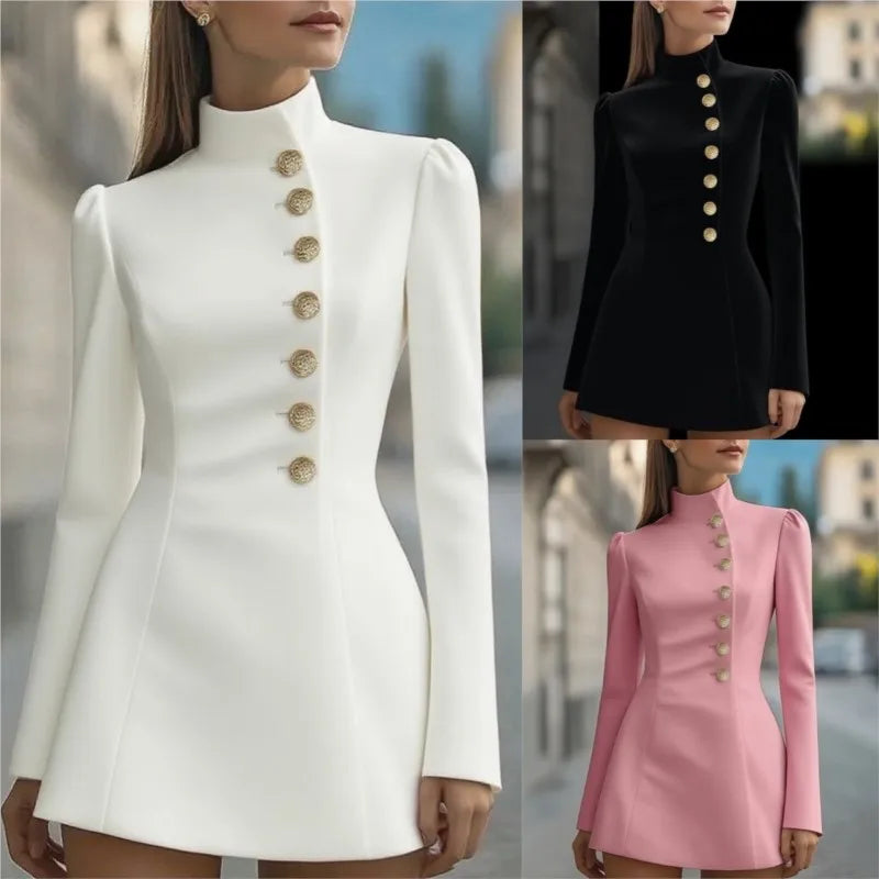 Temperament stand collar single breasted waist cinched long sleeved dress Spring Autumn womens fashionable commuting short skirt