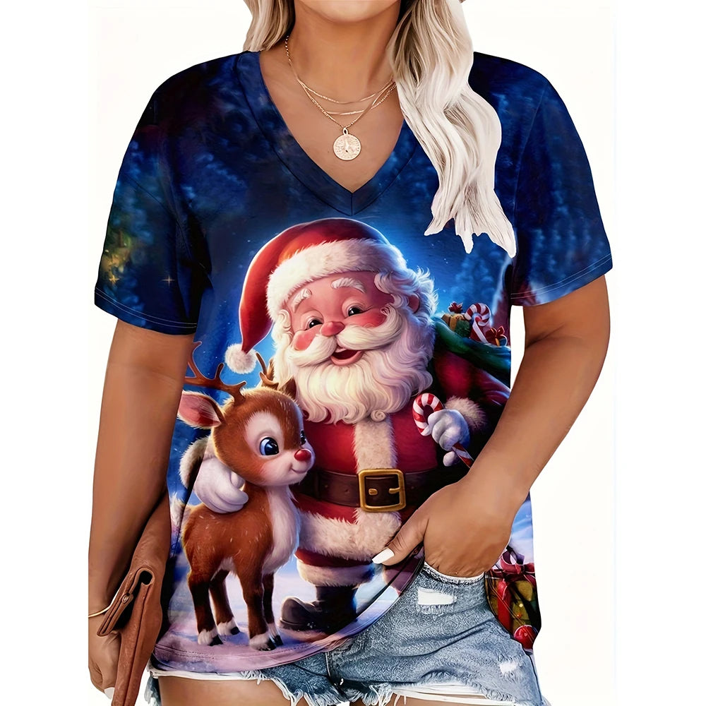Christmas womens cartoon Santa Claus printed tops Christmas T-shirt short sleeved V-neck casual party outfit oversized women top