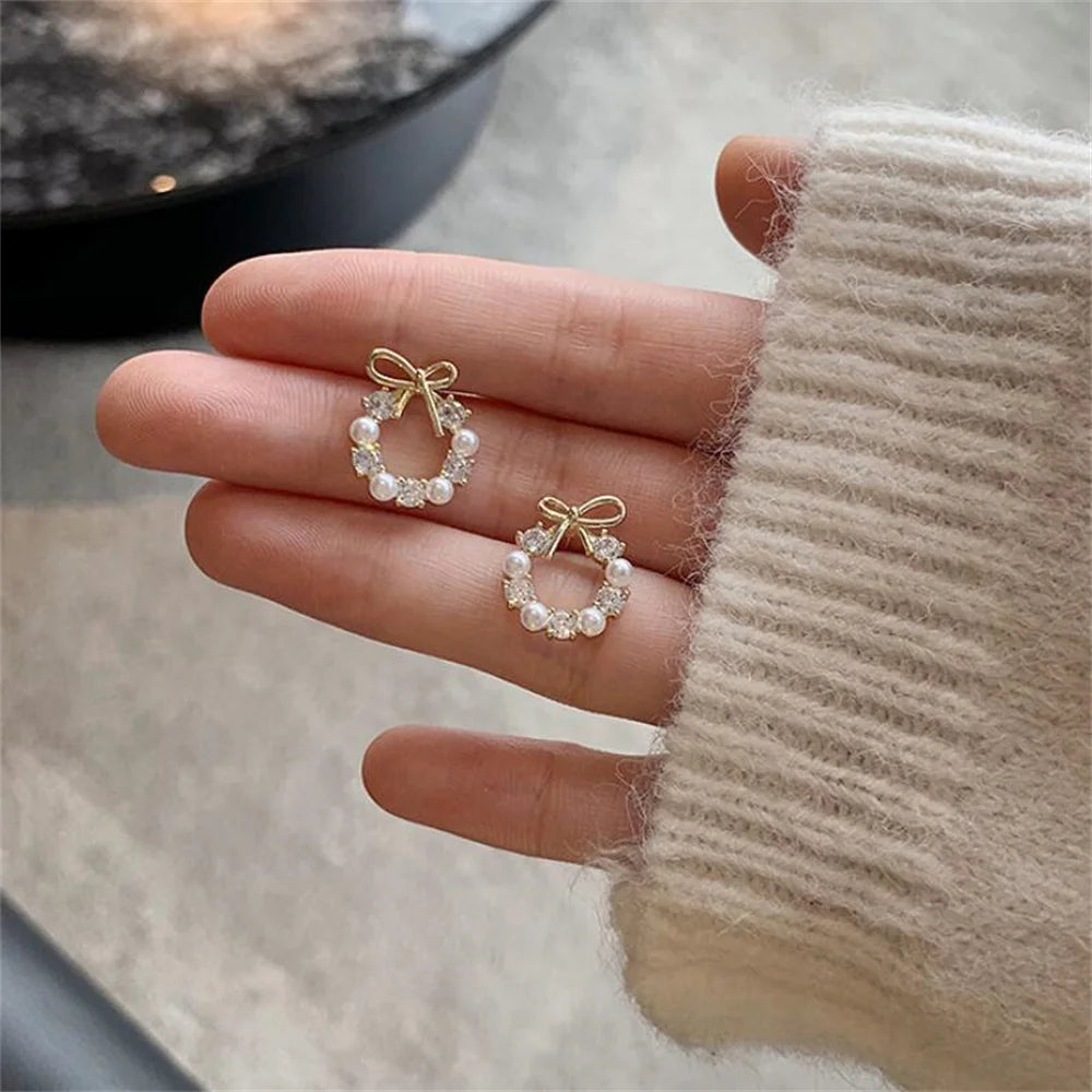 Simple Bow Garland Earrings Acrylic Crystal Pearl Earrings For Women Trendy Party Jewelry Earrings Accessories Gifts
