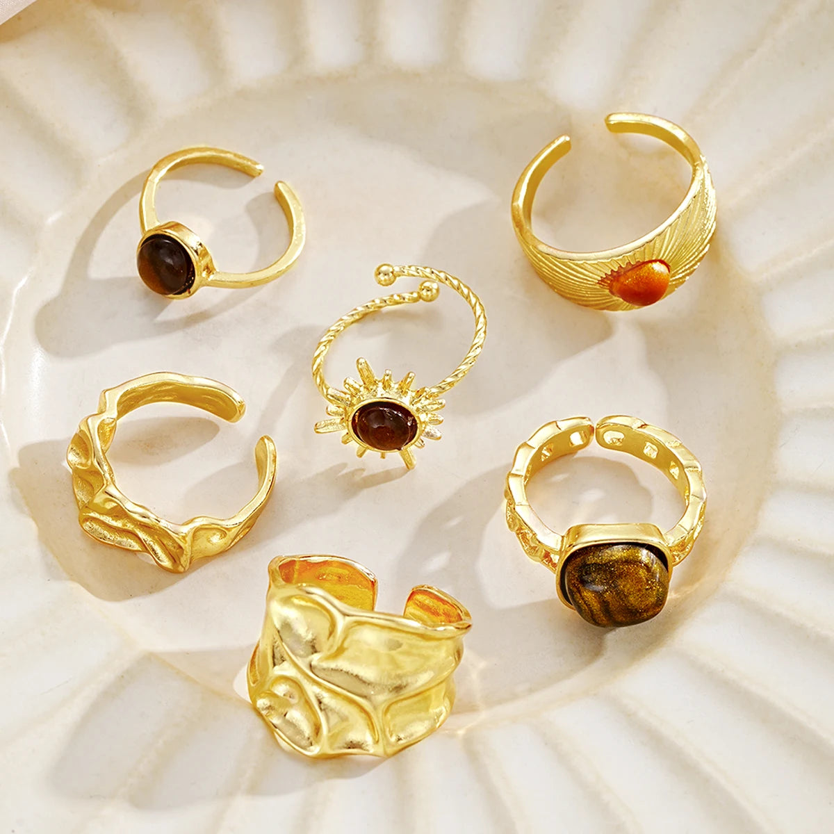 6Pcs/Set Vintage Sun Flower Tiger Eye Stone Rings for Women Irregular Gold Color Aesthetic Open Rings Fashion Jewelry Gifts 2025