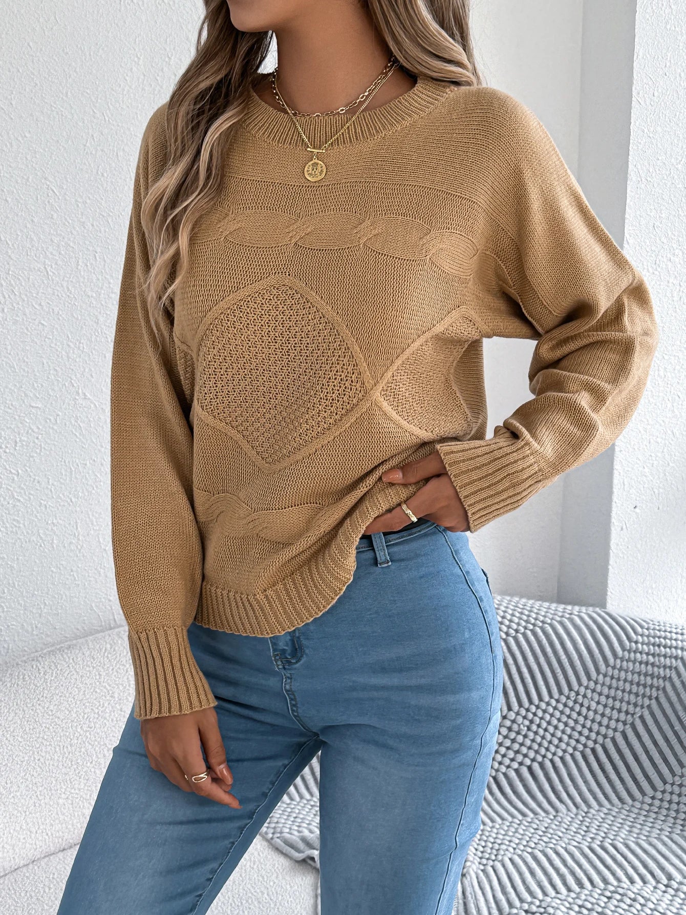 Women Solid Round Neck Pullover Sweater Long Sleeve Fall Winter Vacation Ready Knit Top