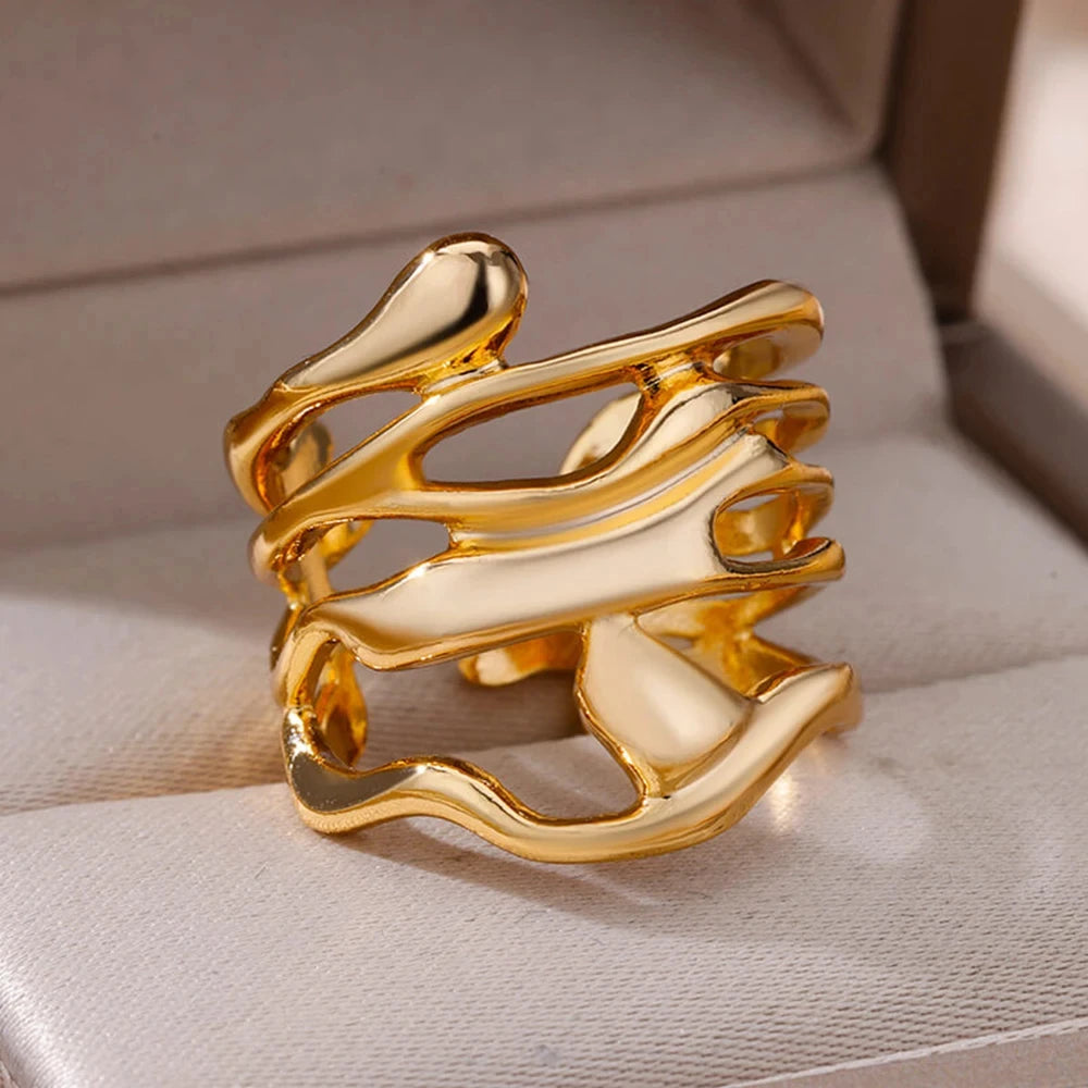 Stainless Steel Chunky Wide Rings For Women Vintage Gold Color Geometric Open Finger Ring Fashion Minimalist Jewelry Gift Femme