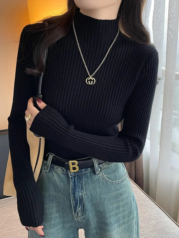 Solid Color Slim Tops Chic Autumn Winter 2025 Pullovers Women Long Sleeve Casual Turtleneck Warm Basic Sweater Knit Jumpers