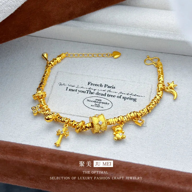 Luxury 24K 9999 Pure Gold real gold Women's Point Drill Brushed Four Mans Star Bucket Bead Bear Coil Bracelet