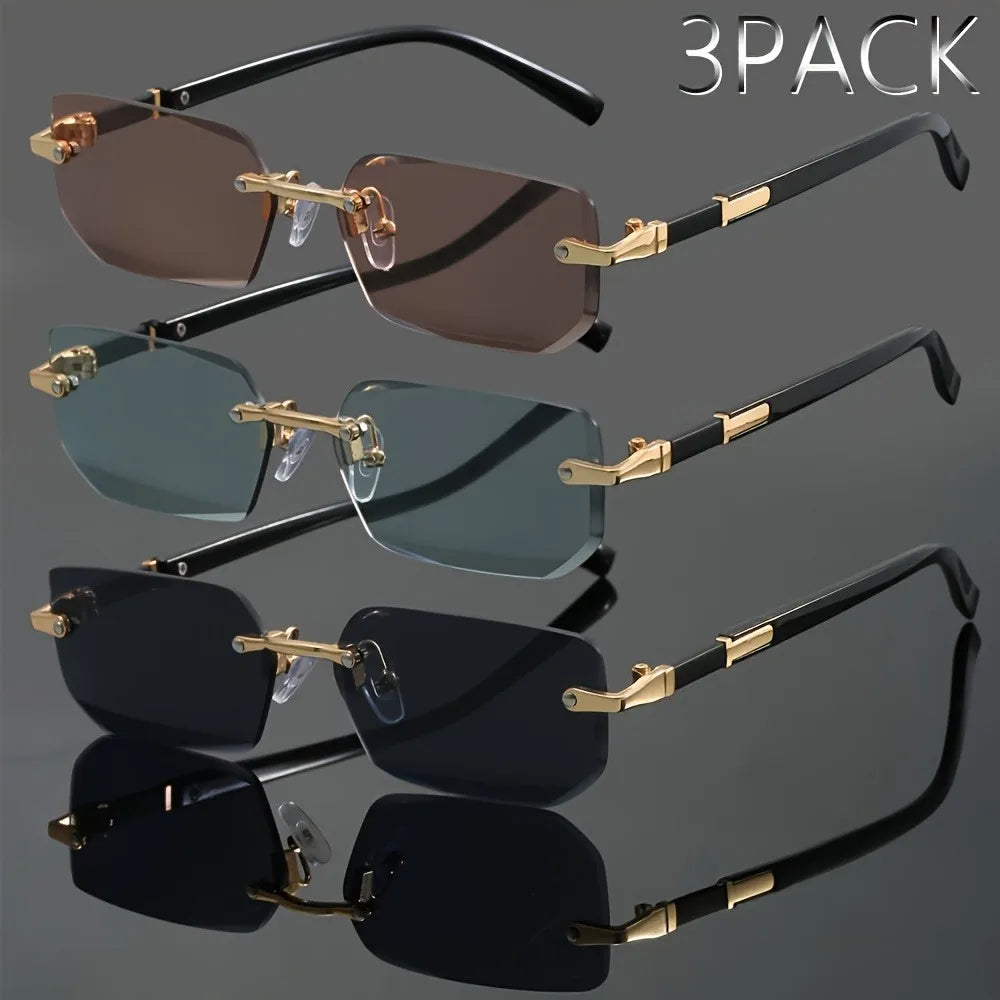 3pcs of men's frameless rectangular fashionable glasses - durable PC lenses suitable for commuting and casual wear