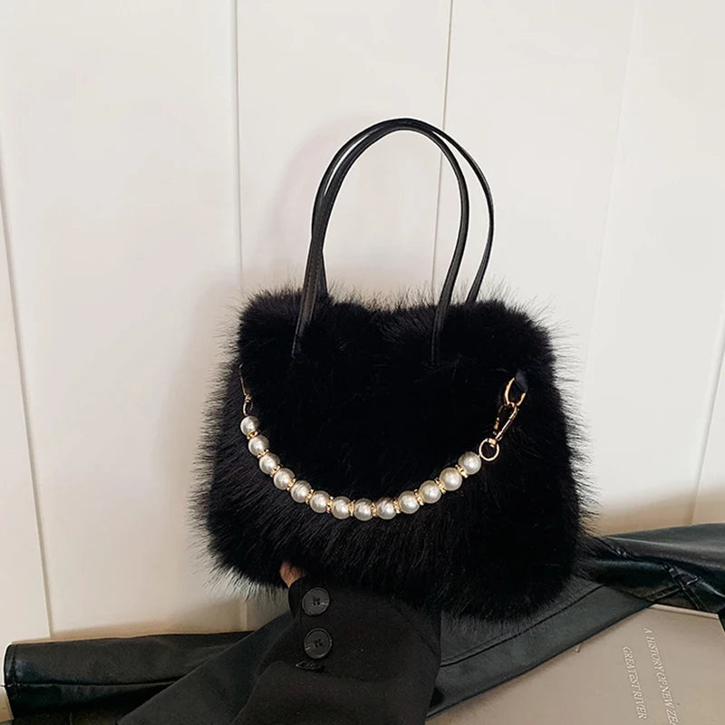 Winter Fashion Faux Fur Crossbody Bags for Women's Gift, Pearl Chain Decor Shoulder Bag, Ladies Handbags Top-handel Bag