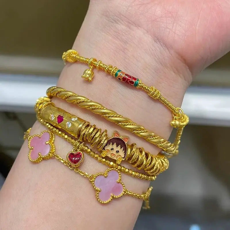 9999 24K real gold coiled bracelet for women 2025 new retro exquisite niche design light luxury style for girlfriend