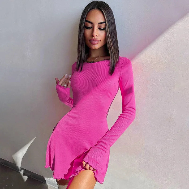 Spring Elegant Pretty Women Dresses New Black Sexy Short Dress Female V Neck Long Sleeve Slim Solid Color Mini Dress
