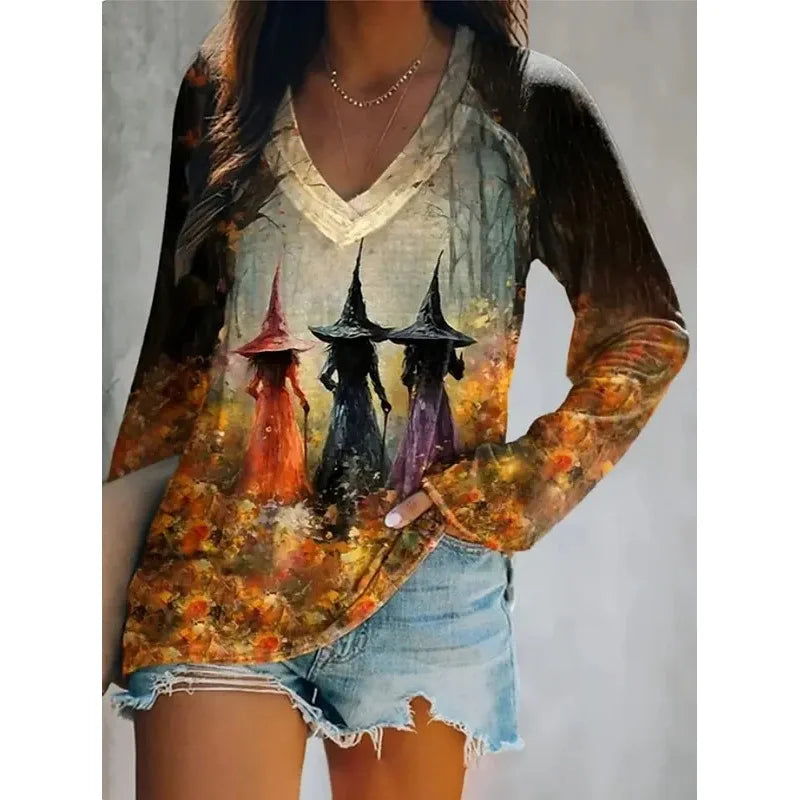 2025 Halloween Women's T-Shirts Graphic Witch Elegant Vintage Tees Long Sleeve T-shirts V-Neck Regular Tops Casual Pullover
