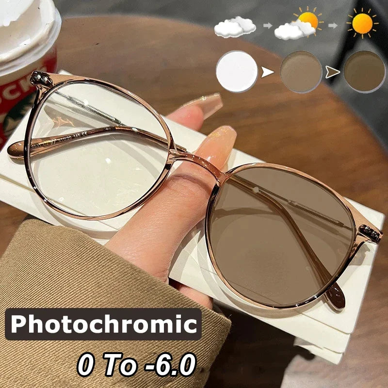 Photochromic Minus Glasses Luxury Anti Blue Light Ladies Myopia Sunglasses Finished Optical Short-sight Goggle Diopter 0 To -6.0