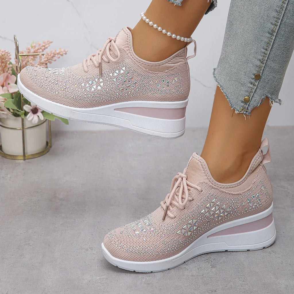 Women's Shiny Rhinestone Wedge Sneakers Breathable Knit Non Slip Walking Shoes Woman Plus Size Fashion Thick Sole White Sneakers