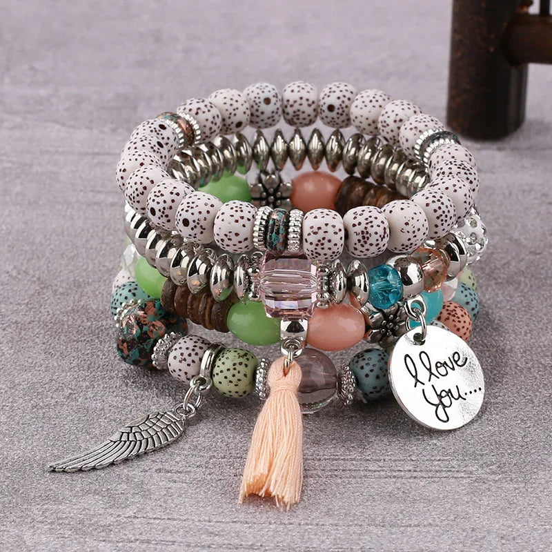 4Pcs Bohemian Beaded Bracelet Set For Women I Love You Letter Round Wing Tassel Charm Elastic Chain Bangle Girls Boho Jewelry