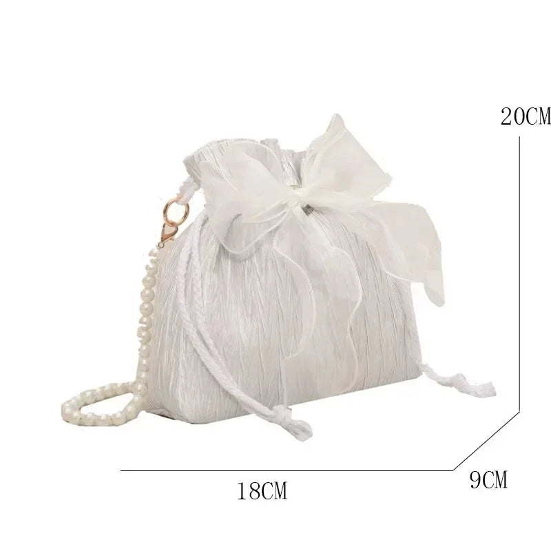 Lace Bow Bucket Crossbody Bags for Women Fashion Sweet Pearl Beading Pouch Ins Ladies Shoulder Handbags All-match Fairy Simple