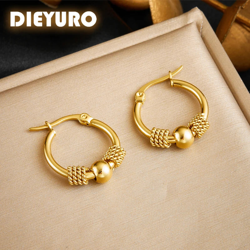 DIEYURO 316L Stainless Steel Golden Hollow Woven Circular Shape Earrings For Womens Fashion 2024 New Ear Jewelry Lady Gift Party